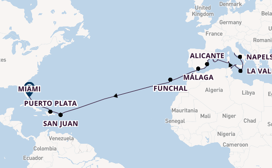trans-Atlantisch vanaf Civitavecchia (Rome), Italië met de Marina
