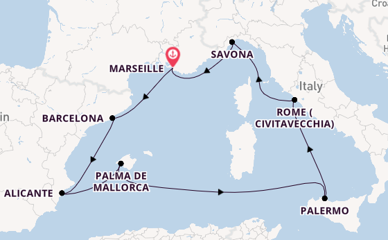 Western Mediterranean from Marseille, France with the Costa Toscana