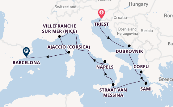 Westelijke Middellandse Zee vanaf Triëst, Italië met de Queen Elizabeth
