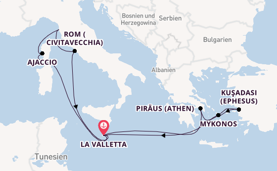 Mittelmeer ab La Valletta, Malta auf der Azura
