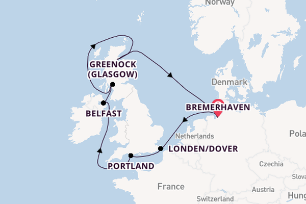 Verenigd Koninkrijk vanaf Bremerhaven, Duitsland met de Mein Schiff 3
