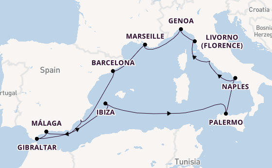 Western Mediterranean from Rome (Civitavecchia), Italy with the Enchanted Princess
