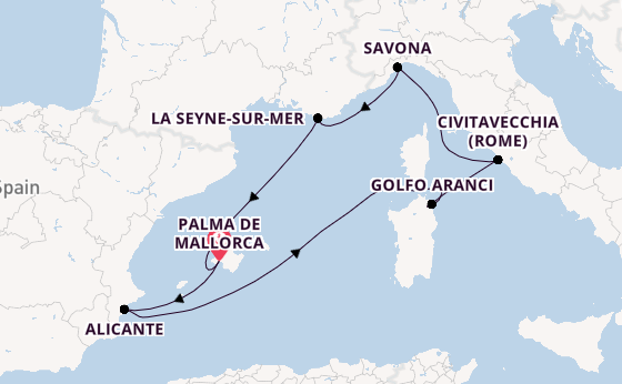 Westelijke Middellandse Zee vanaf Palma de Mallorca, Mallorca, Spanje met de Costa Pacifica