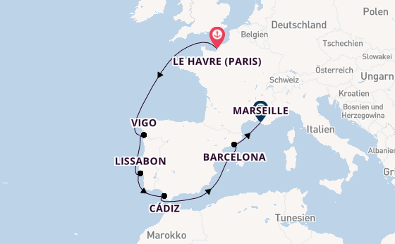Westliches Mittelmeer ab Le Havre (Paris), Frankreich auf der Costa Diadema