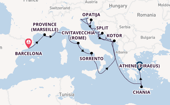 Middellandse Zee vanaf Barcelona, Spanje met de Azamara Onward