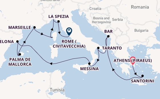 Western Mediterranean from Athens (Piraeus), Greece with the Sun Princess