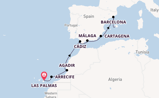 Westelijke Middellandse Zee vanaf Las Palmas, Gran Canaria, Spanje met de Mein Schiff 7