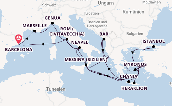 Mittelmeer ab Barcelona, Spanien auf der Sun Princess