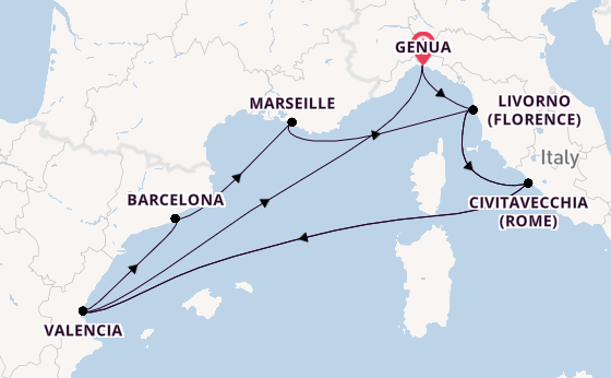 Westelijke Middellandse Zee vanaf Genua, Italië met de MSC Sinfonia