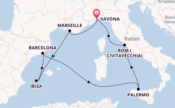 Westliches Mittelmeer ab Savona, Italien auf der Costa Smeralda