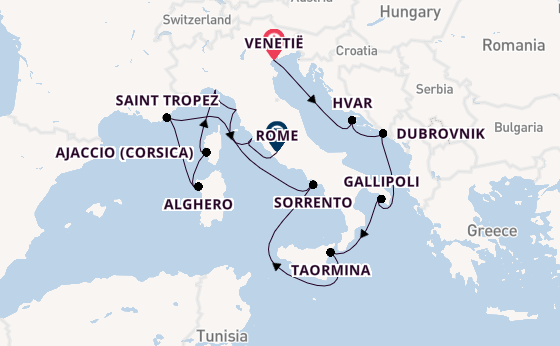 Westelijke Middellandse Zee vanaf Venetië, Italië met de Silver Ray