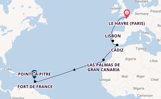 Southern Caribbean from Le Havre (Paris), France with the Costa Favolosa