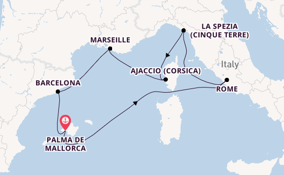 Westelijke Middellandse Zee vanaf Palma de Mallorca, Mallorca, Spanje met de Mein Schiff 1