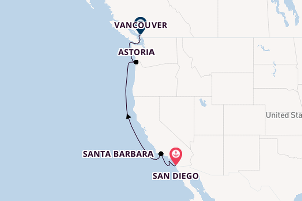 Amerikaanse Westkust vanaf San Diego, Verenigde Staten met de Zaandam