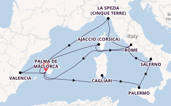 Westelijke Middellandse Zee vanaf Palma de Mallorca, Mallorca, Spanje met de Mein Schiff 3