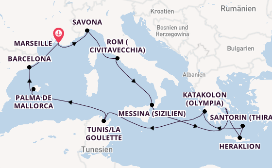 Mittelmeer ab Marseille, Frankreich auf der Costa Favolosa