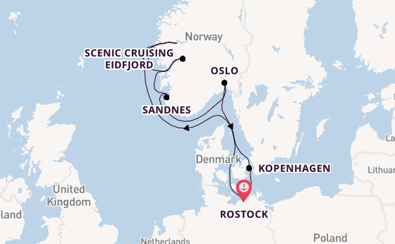 Noorwegen vanaf Rostock, Warnemünde, Duitsland met de MSC Magnifica