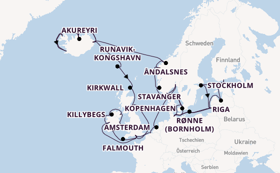 Britische Inseln ab Reykjavik, Island auf der Caribbean Princess