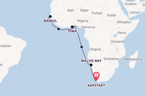 19-tägige Kreuzfahrt von Kapstadt nach Dakar