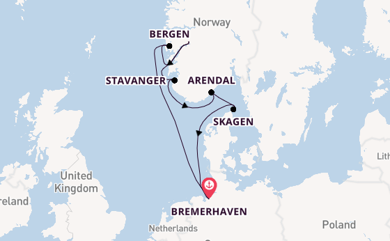 Noorwegen vanaf Bremerhaven, Duitsland met de Amadea