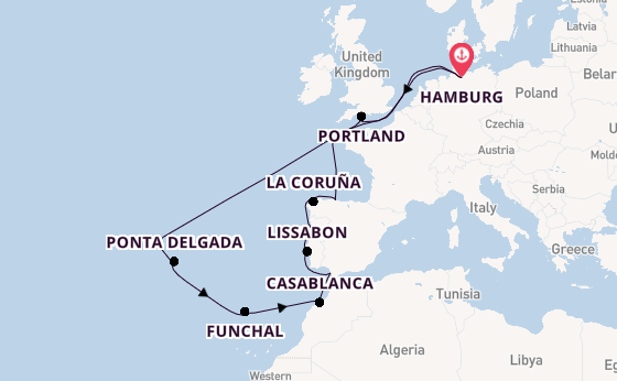 Portugal vanaf Hamburg, Duitsland met AIDAmar