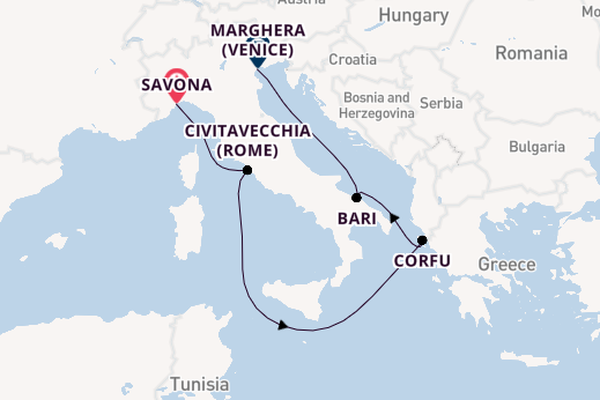 Westelijke Middellandse Zee vanaf Savona, Italië met de Costa Deliziosa