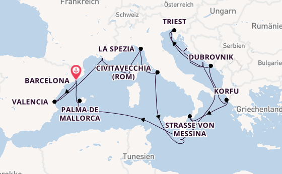 Mittelmeer ab Barcelona, Spanien auf der Queen Elizabeth