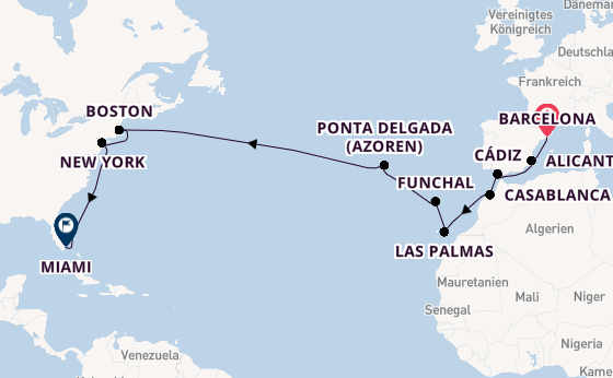Transatlantik ab Barcelona, Spanien auf der MSC Meraviglia