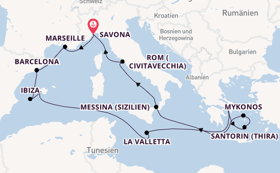 Westliches Mittelmeer ab Savona, Italien auf der Costa Serena