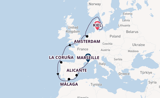 Westelijke Middellandse Zee vanaf Kiel, Duitsland met de MSC Euribia