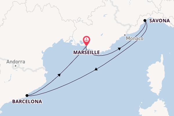 Westelijke Middellandse Zee vanaf Marseille, Frankrijk met de Costa Fascinosa