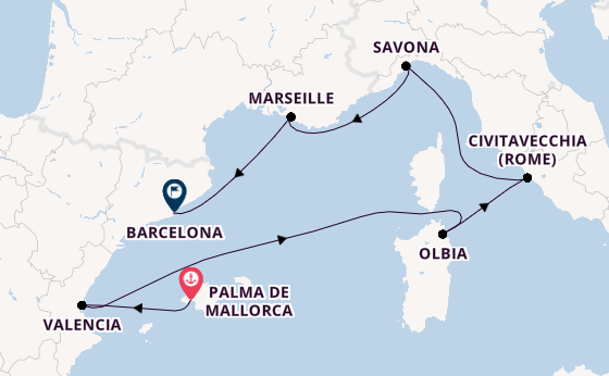 Westelijke Middellandse Zee vanaf Palma de Mallorca, Mallorca, Spanje met de Costa Pacifica