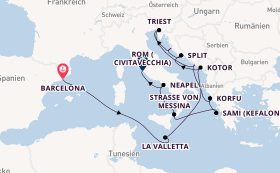 Mittelmeer ab Barcelona, Spanien auf der Queen Elizabeth