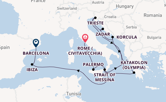Mediterranean Sea from Rome (Civitavecchia), Italy with the Queen Elizabeth