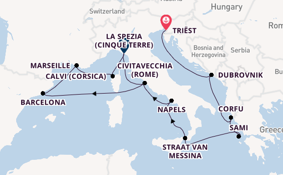 Westelijke Middellandse Zee vanaf Triëst, Italië met de Queen Elizabeth