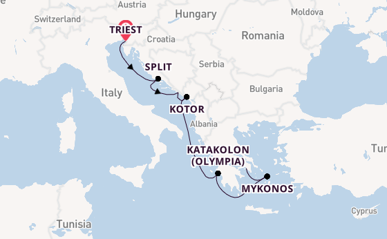Oostelijke Middellandse Zee vanaf Triëst, Italië met de Seven Seas Voyager