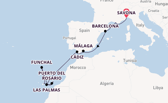 Canarische Eilanden vanaf Savona, Italië met de Costa Smeralda