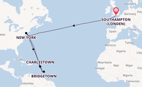 trans-Atlantisch vanaf Southampton (Londen), Engeland met de Queen Mary 2