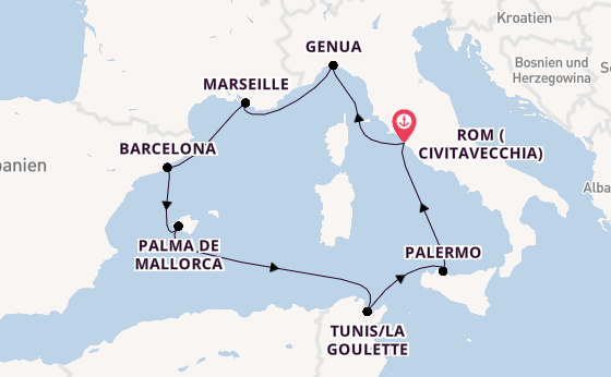 Westliches Mittelmeer ab Civitavecchia (Rom), Italien auf der Costa Toscana
