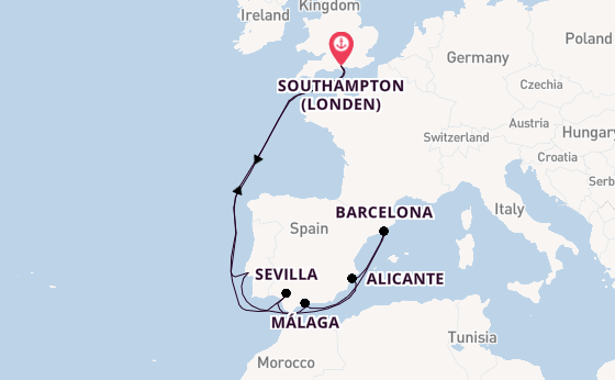 Westelijke Middellandse Zee vanaf Southampton (Londen), Engeland met de Queen Victoria