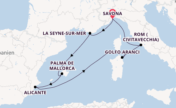 Westliches Mittelmeer ab Savona, Italien auf der Costa Pacifica