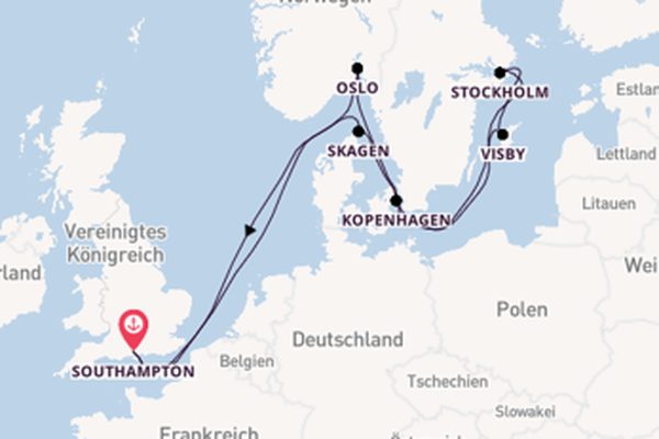 Einzigartige Kreuzfahrt über Kopenhagen nach Southampton