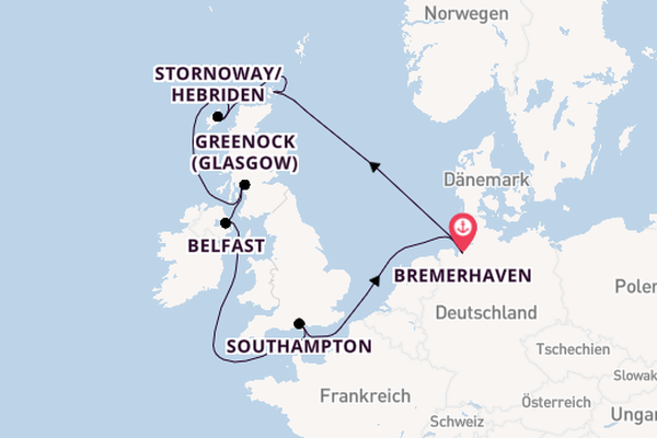 Vereinigtes Königreich ab Bremerhaven, Deutschland auf der Mein Schiff 2