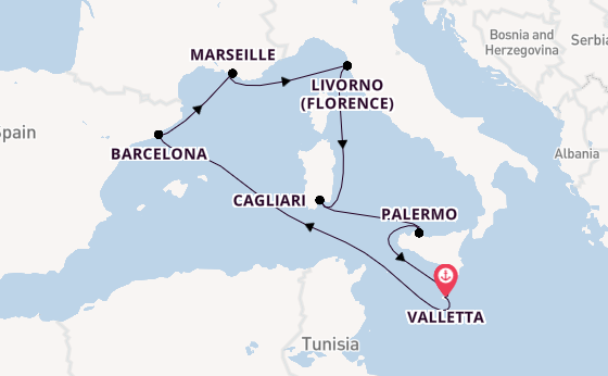 Western Mediterranean from Valletta, Malta with the MSC Splendida