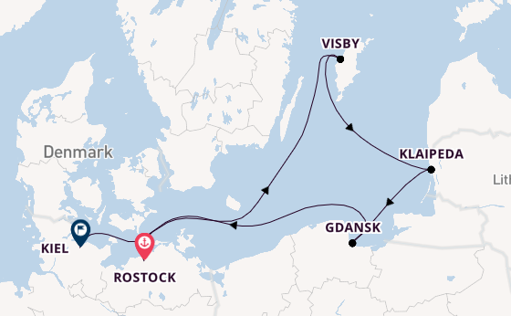 Oostzee vanaf Rostock, Warnemünde, Duitsland met de Mein Schiff 7