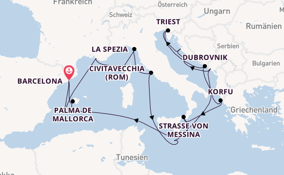 Mittelmeer ab Barcelona, Spanien auf der Queen Elizabeth