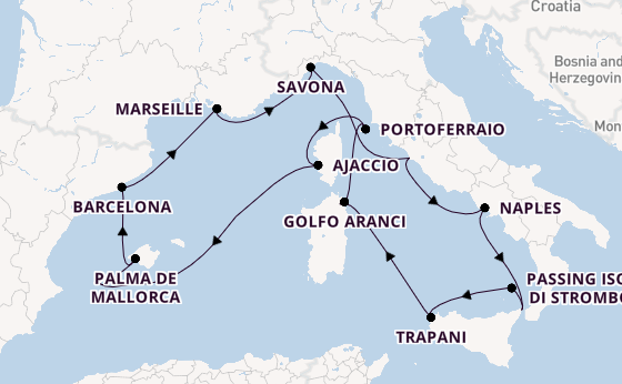 Western Mediterranean from Rome (Civitavecchia), Italy with the Costa Favolosa