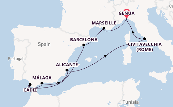 Westelijke Middellandse Zee vanaf Genua, Italië met de MSC Magnifica