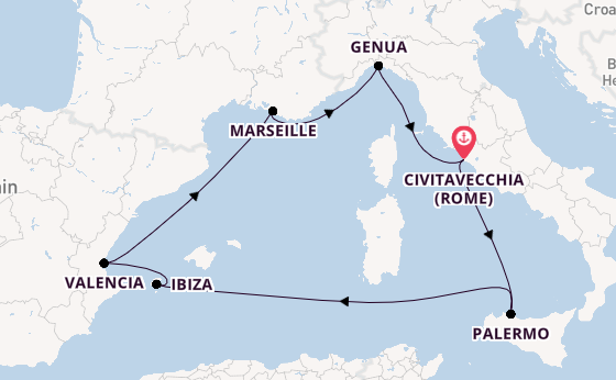 Westelijke Middellandse Zee vanaf Civitavecchia (Rome), Italië met de MSC Musica