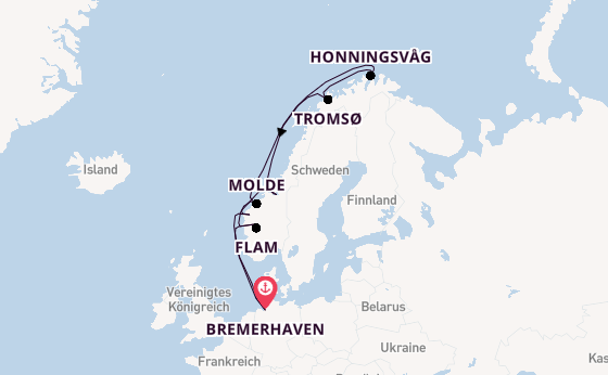 Norwegen ab Bremerhaven, Deutschland auf der Mein Schiff 2